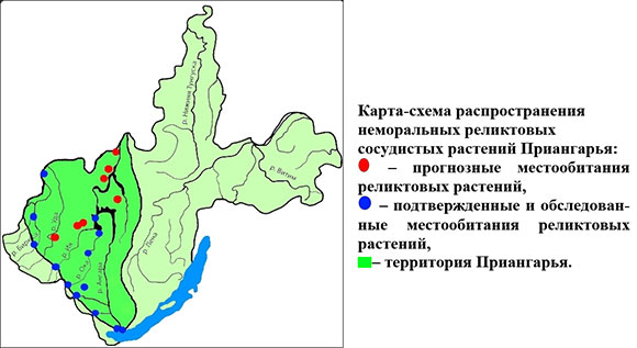 Карта-схема распространения неморальных реликтовых сосудистых растений Приангарья